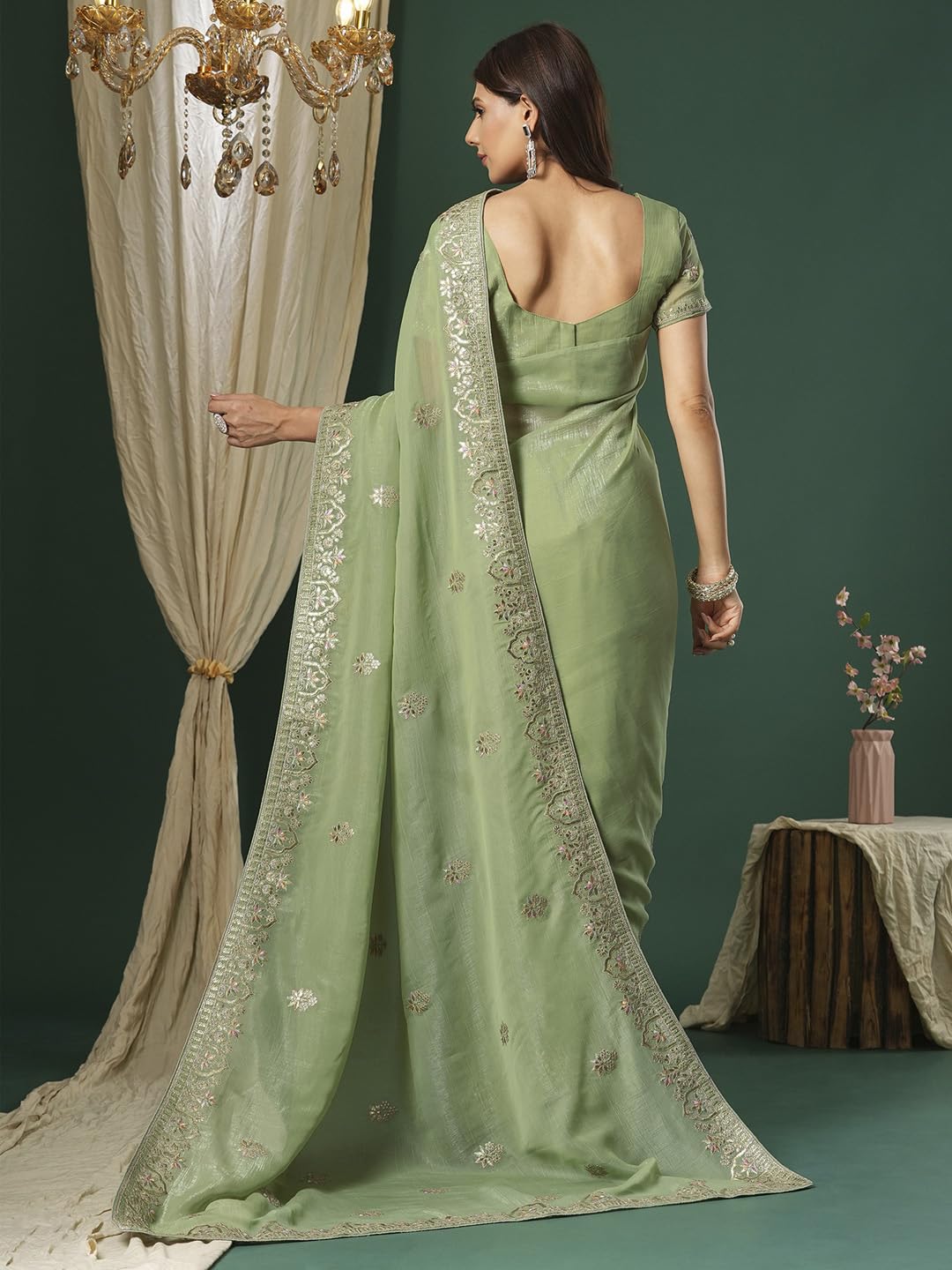 SAREE MALL Women's Light Green Satin Silk Embroidered Saree With Unstitched Blouse (KRIYNS5001_KH)