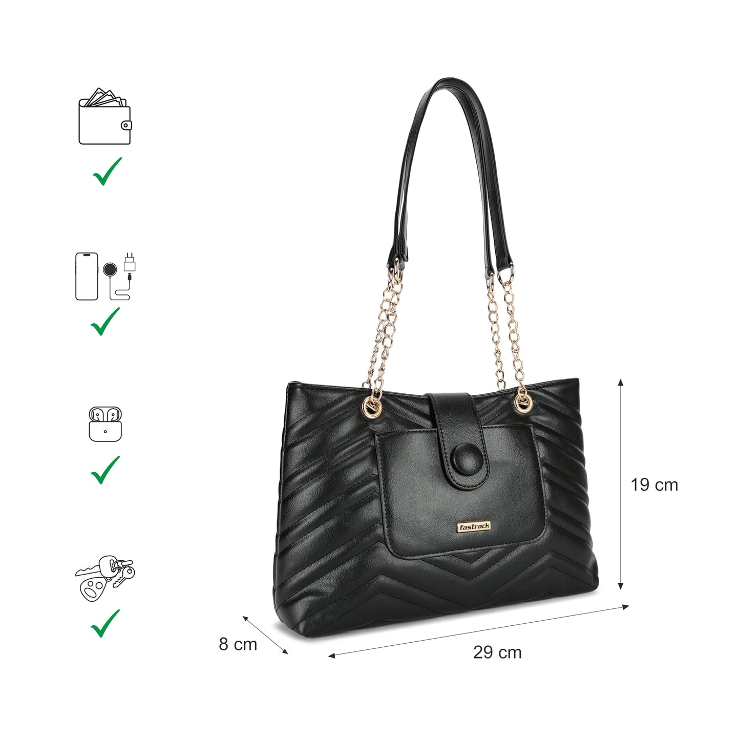 Fastrack Quilted Structured Tote Bag with Semi-Metallic Shoulder Strap for Women, Girls and Ladies