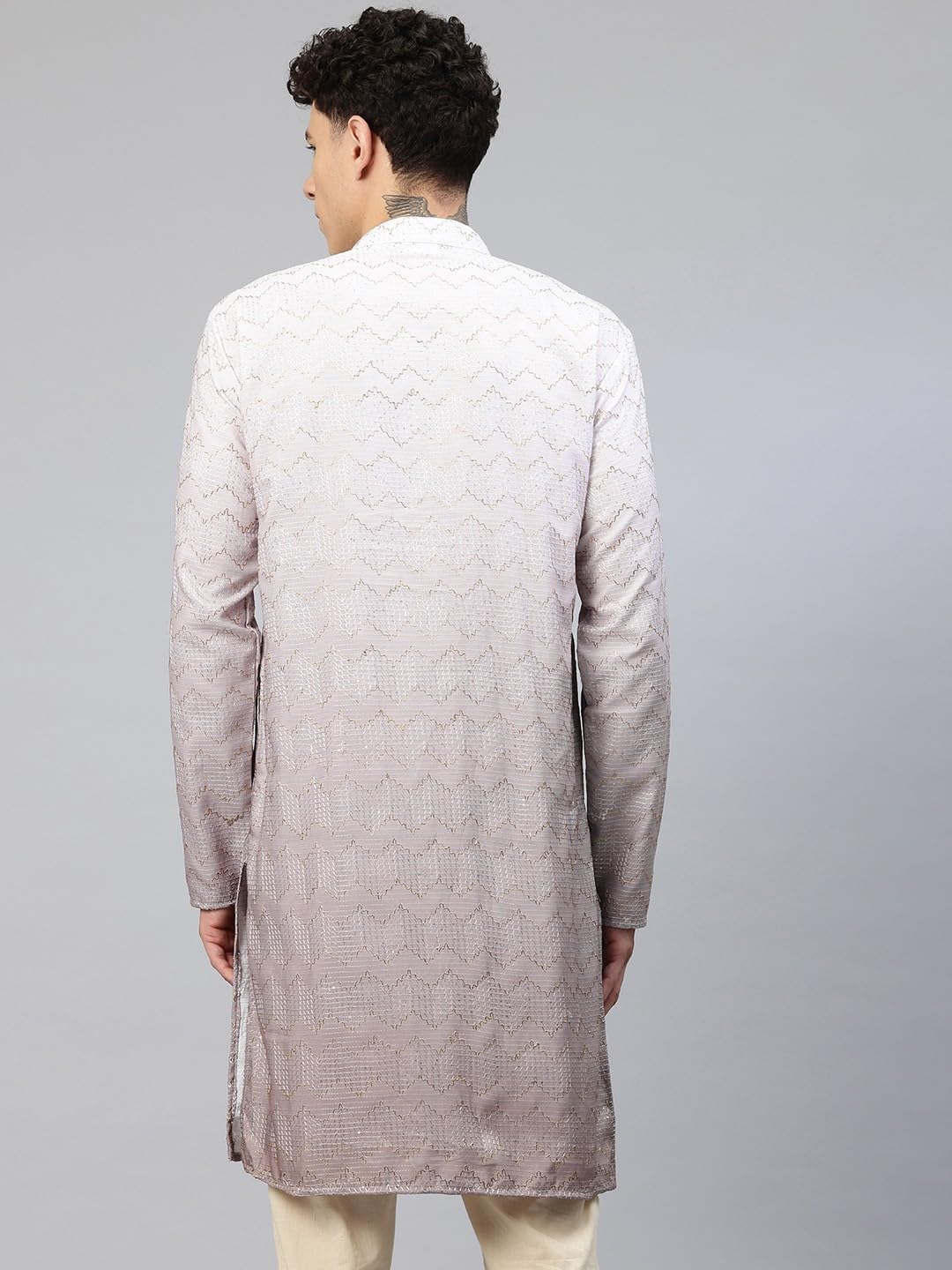 Luxrio Men's Ombre Shaded Sequence Self Embroidered Textured Long Kurta Full Sleeves Beige Size XXL