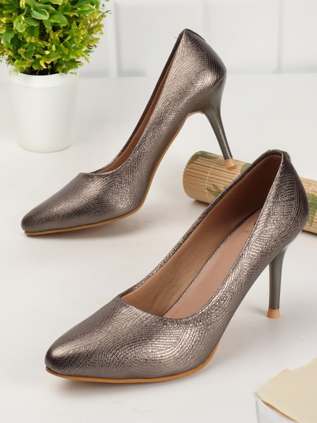 Carlton London Women Grey Stylish Slip-on Pump Shoes with Stiletto Heels, Pointed Toe (38)