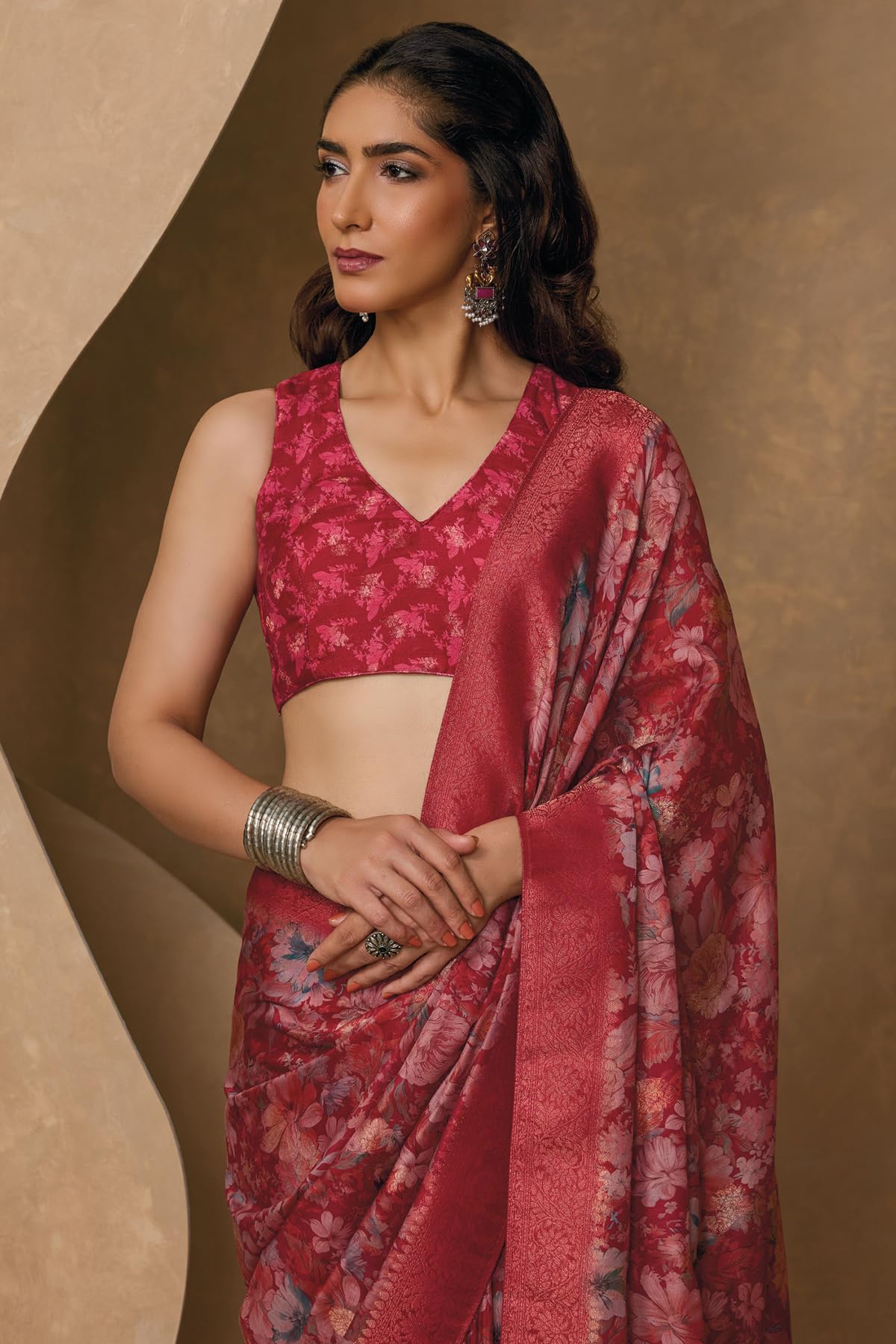 Soch Womens Deep Red Chanderi Floral Print Saree