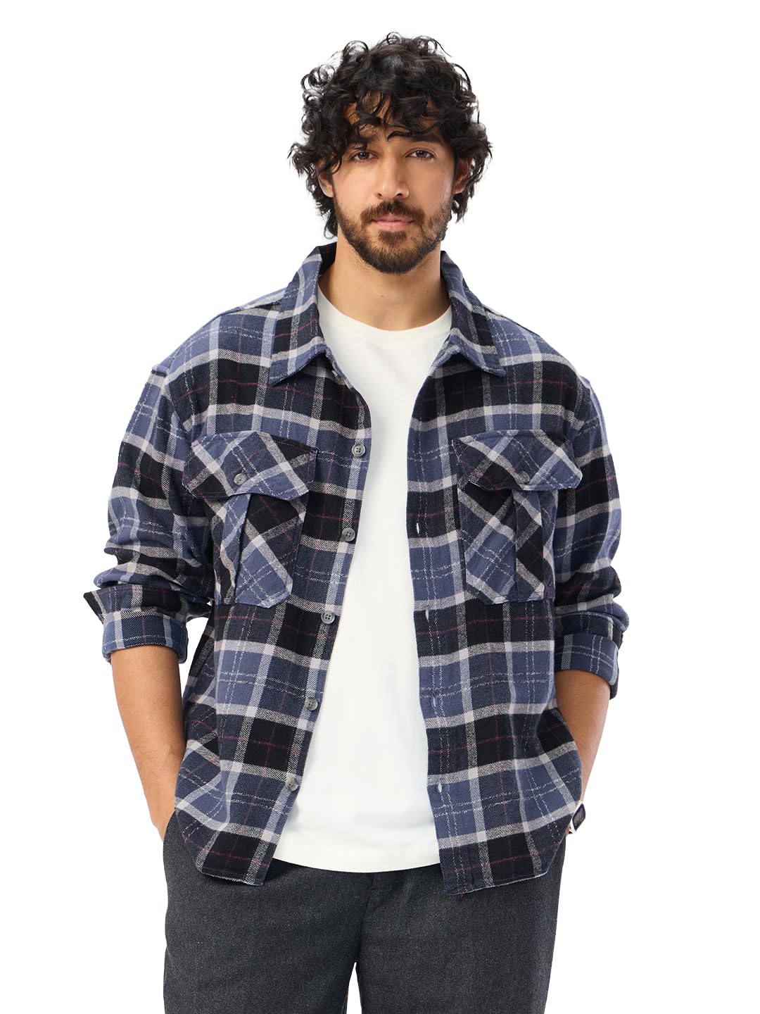 The Souled Store Plaid: Eclipse Men and Boys Long Sleeves Collared Neck Button Front Cotton Oversized Shackets