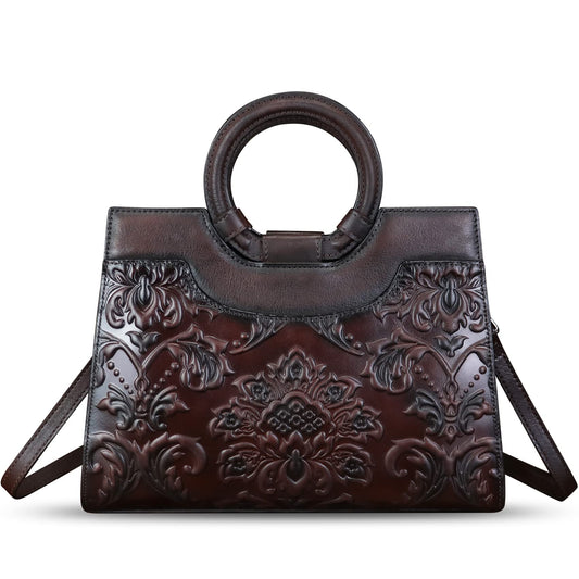 Genuine Leather Satchel for Women Purse Embossed Leather Top Handle Handbag Handmade Purse Crossbody Handbags Tote Bag, Coffee