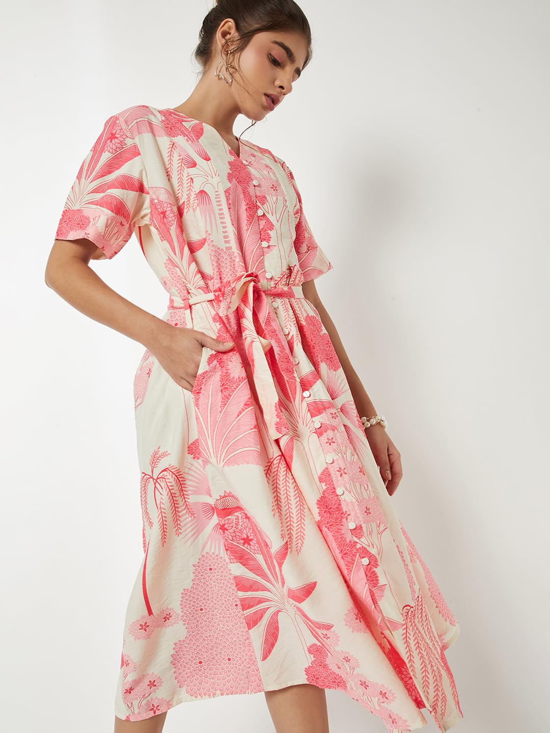 Max Women Floral Print A-line Dress(White_L)