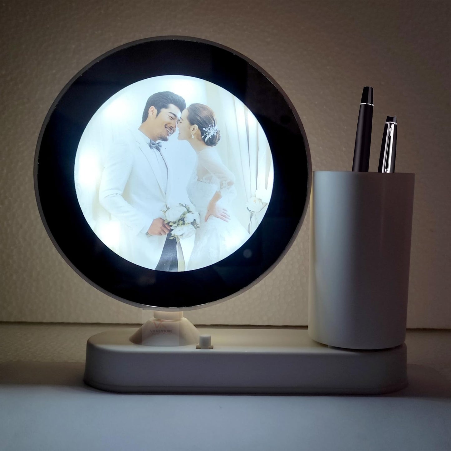 VK VENTURE Plastic Customized Round LED Magic Mirror Photo Frame Tabletop with Pen Stand Personalized LED Light Picture Frame for Desk Gifts (warm white Light Round Shaped) 18 x 18 cm