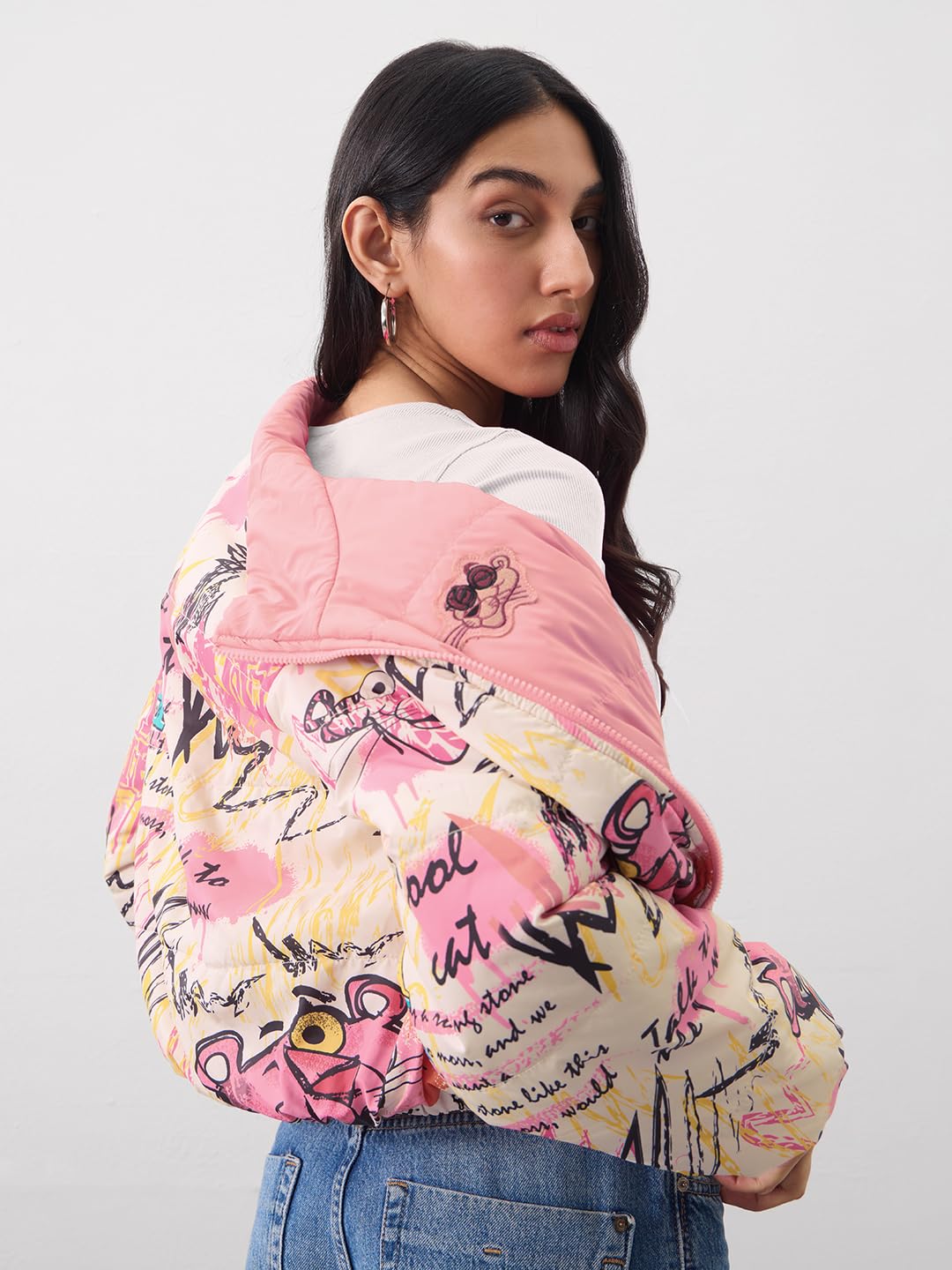 The Souled Store Reversible Puffer: Cool In Pink Women and Girls Full Sleeves Spread Collar Graphic Printed Polyester Regular Fit Lightweight Reversible Puffer Jacket