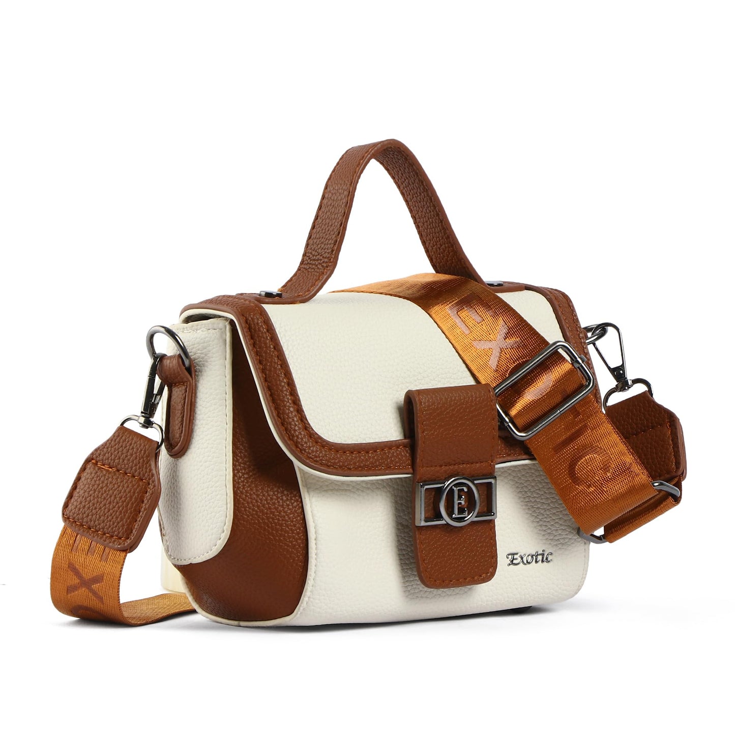 EXOTIC Premium H-Lock Sling & Hand Bag for Women | PU Leather Crossbody with Magnetic Lock, Adjustable Strap & Top Handle | Ideal for Office, Travel & Daily Use (White-Brown)