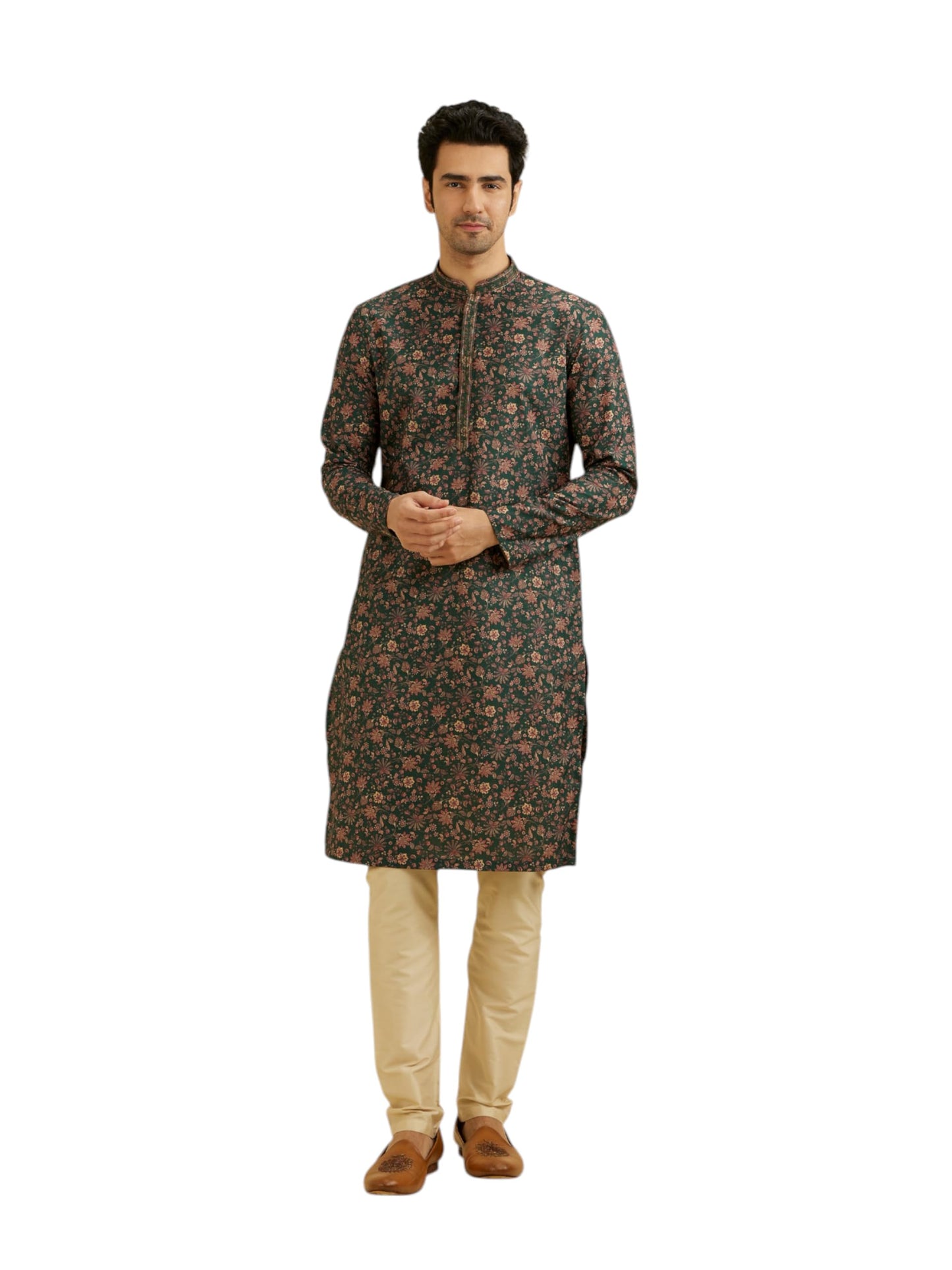 Manyavar Men's Viscose Blend Digital Print Kurta Set (Dark Green,XL)