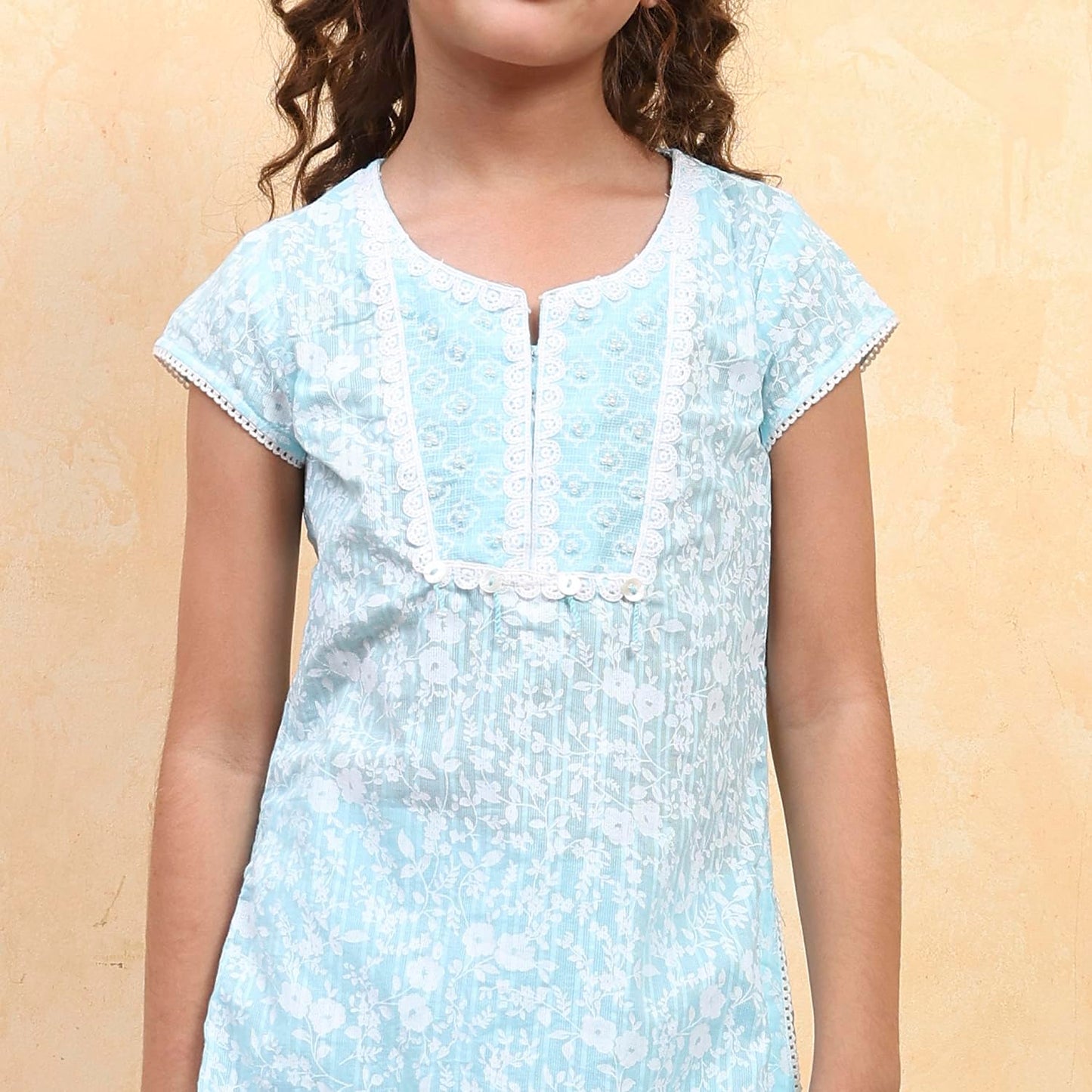 Biba Girl's Powder Blue Cotton Straight Printed Kurta Pants Set