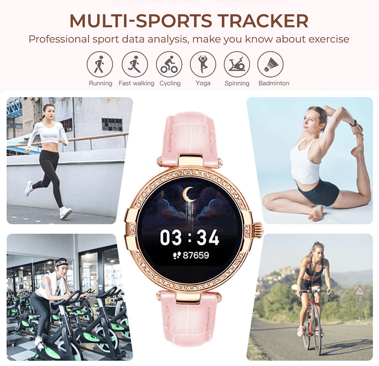 French Connection R8 series Women smartwatch (40 MM dial) with Full Touch HD screen, Metal case, Leather strap, continues Heart rate & Blood pressure monitoring, temperature monitor and IP68 waterproof