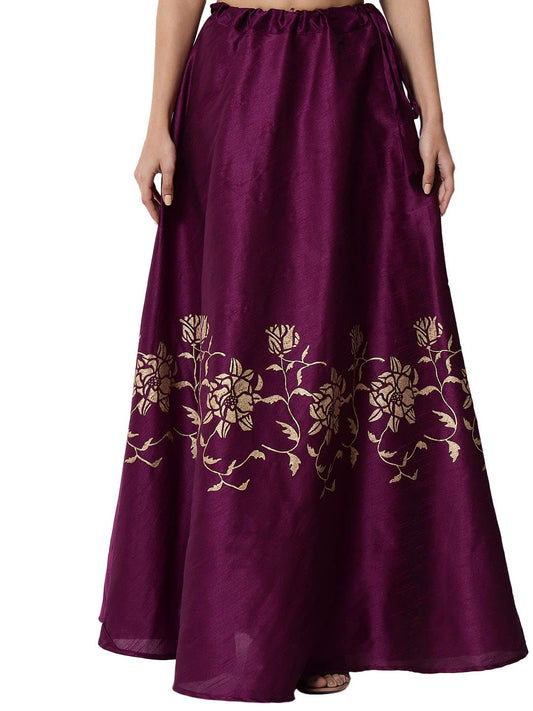 studio rasa Women's Dupion Hand Block Printed Bias Skirt for Wedding Festive (SKTC422RC12M_Purple_Medium)