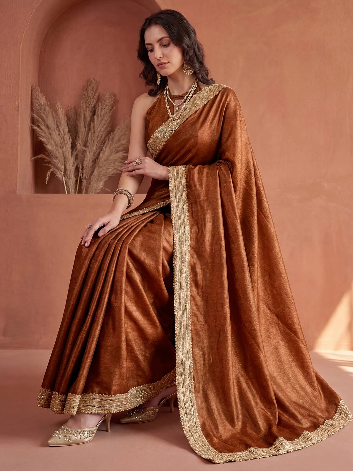 SIRIL Women's Chinnon Silk Gota Lace Saree with Unstitched Blouse Piece (5016S194A_Copper)