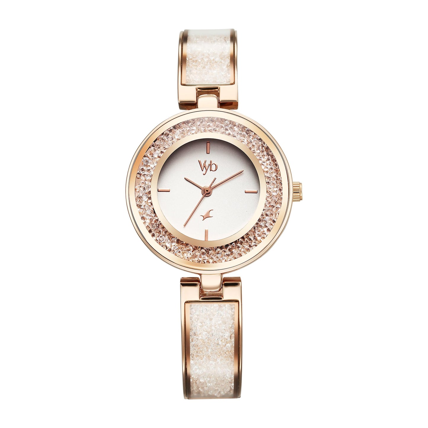 Fastrack Vyb Quartz Analog Silver White Dial Rose Gold Alloy Strap Watch for Women-FV60053WM01W