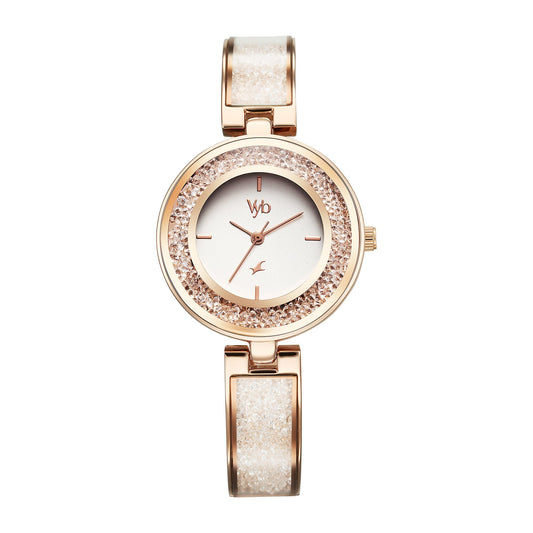 Fastrack Vyb Quartz Analog Silver White Dial Rose Gold Alloy Strap Watch for Women-FV60053WM01W