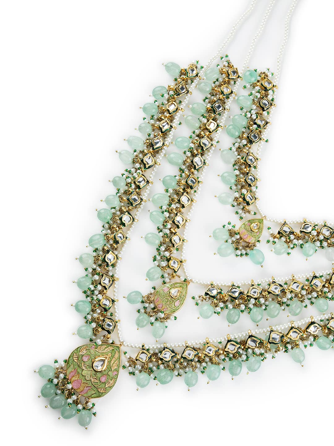 Priyaasi Sea Green Studded Buds Beaded Multilayer Gold-Plated Jewellery Set For Women