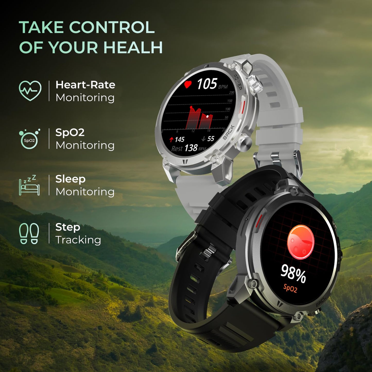 beatXP Terra 1.36” HD Display Bluetooth Calling Rugged Smart Watch, Metal Body, Functional Crown, 366 * 366px, 500 nits, 60Hz Refresh Rate, Always On Display (Iced Silver)