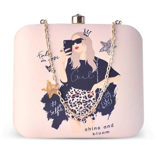 Artklim Women’s Fashionista Printed Clutch Bag | Stylish Ethnic Ladies Evening Handbag for Party Casual, Bridal and Wedding Use | Box Style Clutch Purse with Detachable Metal Chain Strap (Pink)