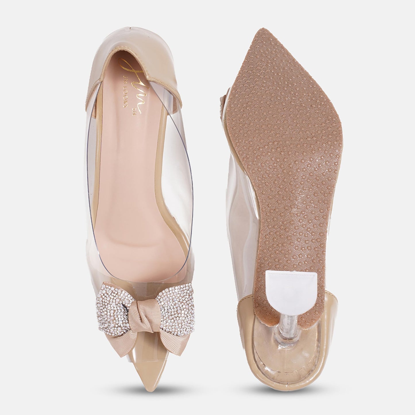 JM LOOKS Women's Transparent Pointed Peep Toe Kitten Heels with Embellished Bow | Slip-On Sandals Wedding Party Events - Beige