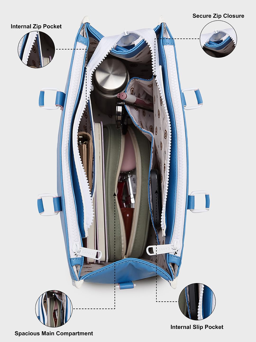 Caprese Vivian Tote Medium Blue Bag for Women|Adjustable & Detachable, Stylish, Durable, Multi-Compartment Design for Work, Travel, Shopping with Back Zip| Large Capacity, Comfortable Straps.