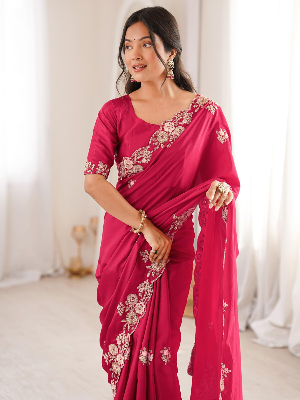 SIRIL Women's Crepe Silk Scalloped Border Sequin Embroidery Saree with Unstitched Blouse Piece (5301S7421_Cherry Red)