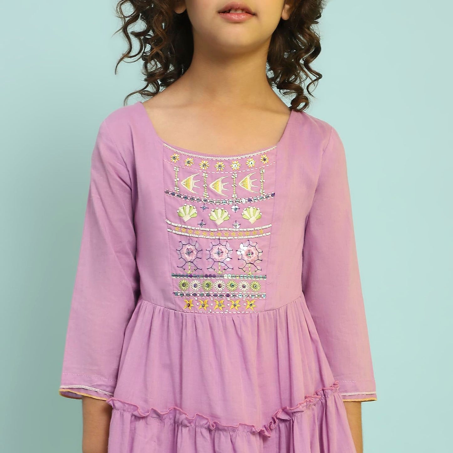 BIBA Girls Violet Tiered Cotton Solid Kurta suit set