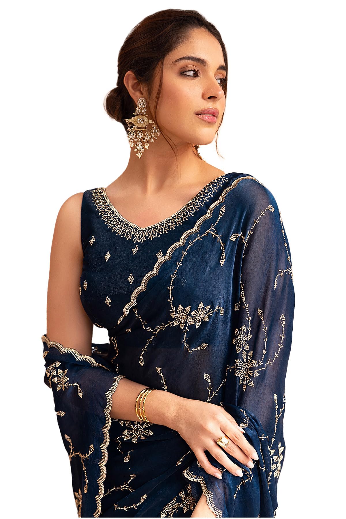 Soch Womens Teal Blue Organza Saree With Stone Work