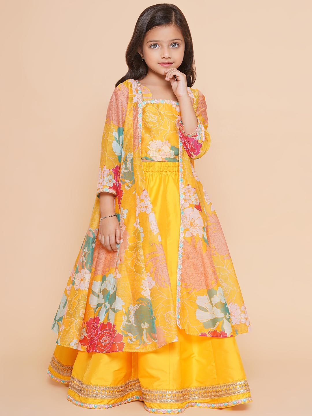 Bitiya by Bhama Girls Yellow Floral Print Top & Shrug With Ready to wear Skirts