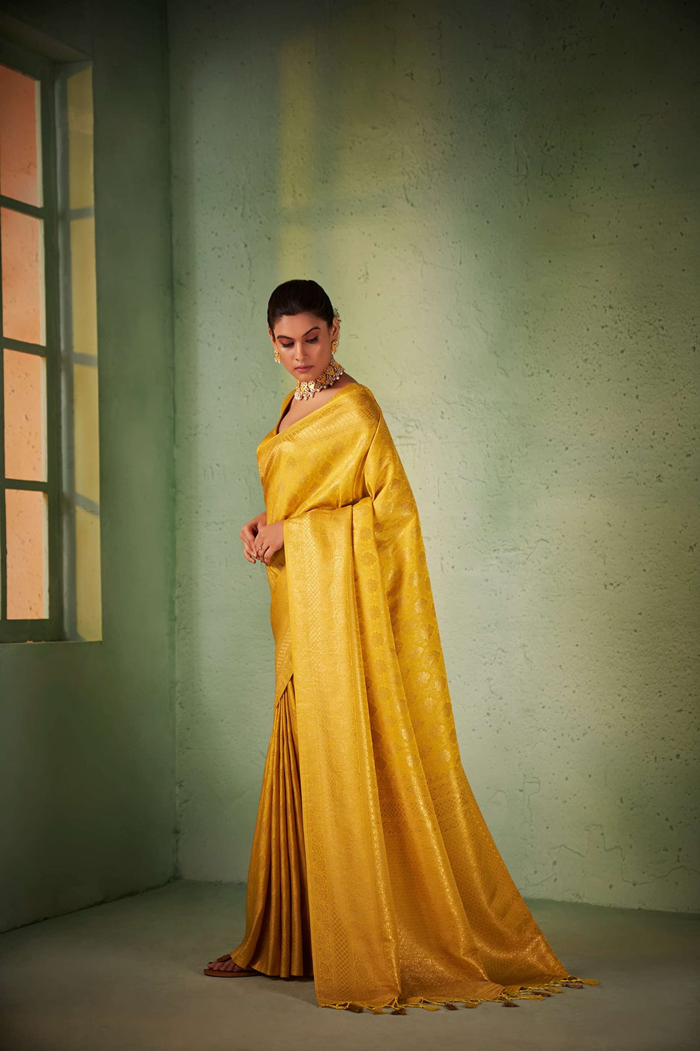 Vardha Women's Kanjivaram Art Silk Saree, Zari Woven, Gold, Unstitched Blouse - Yellow Sari Asya Vol.5, 565