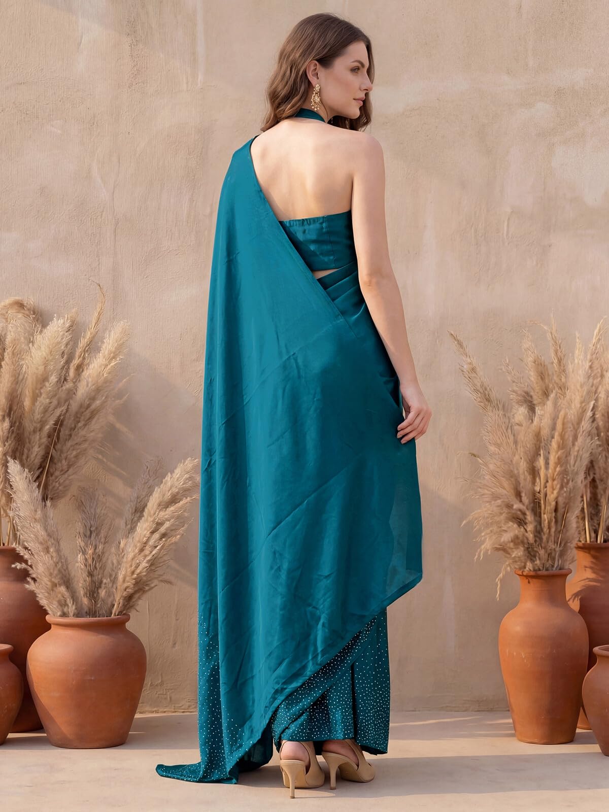 SIRIL Women's Satin Silk Dyed Embellished Saree with Unstitched Blouse Piece (3111S413AAA_Teal Blue)