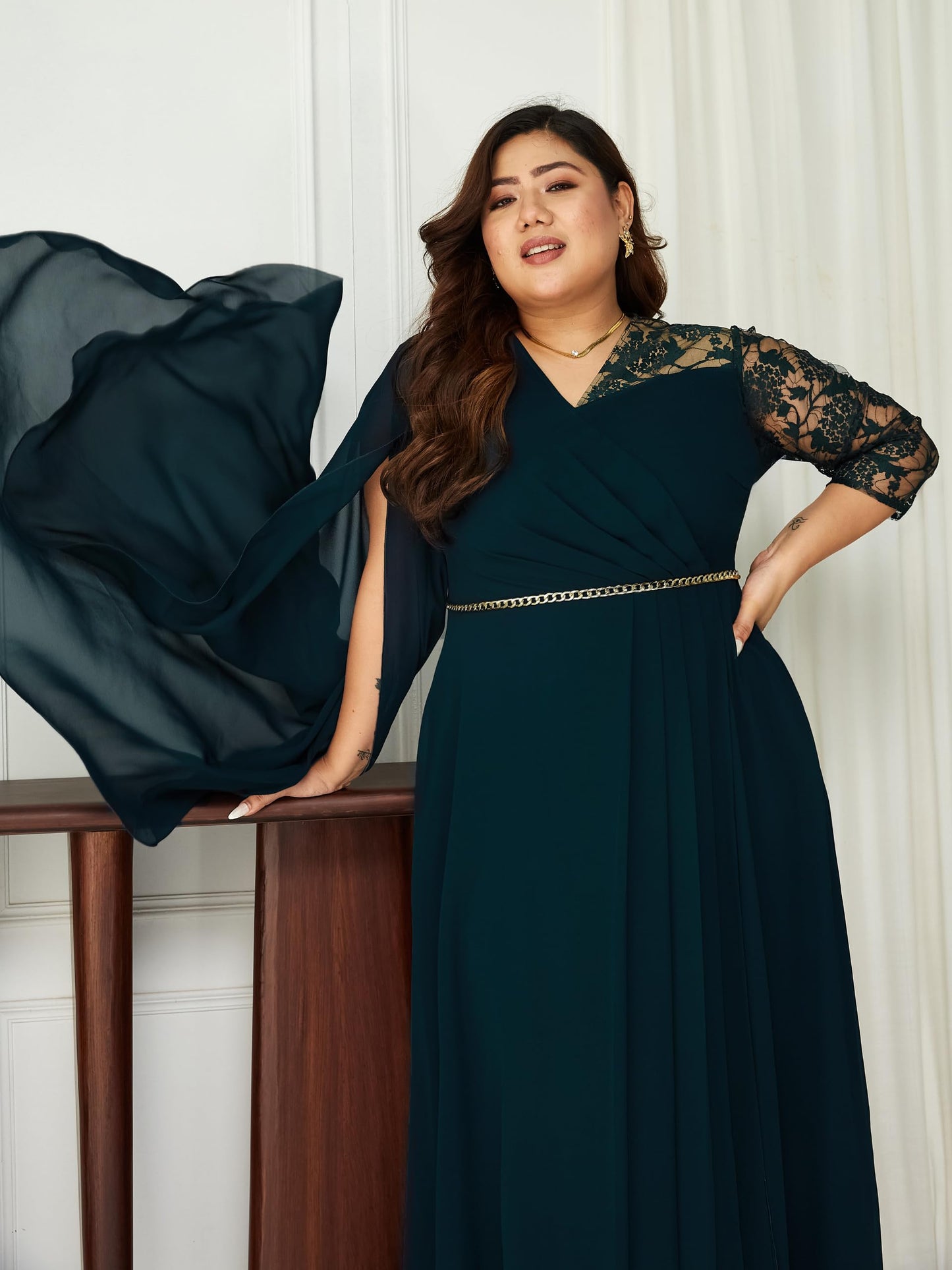 Miss Chase A+ Women's V-Neck Asymmetric Self-Designed Maxi Dress (APSS21D14-67-681-06, Tropical Teal, XL)