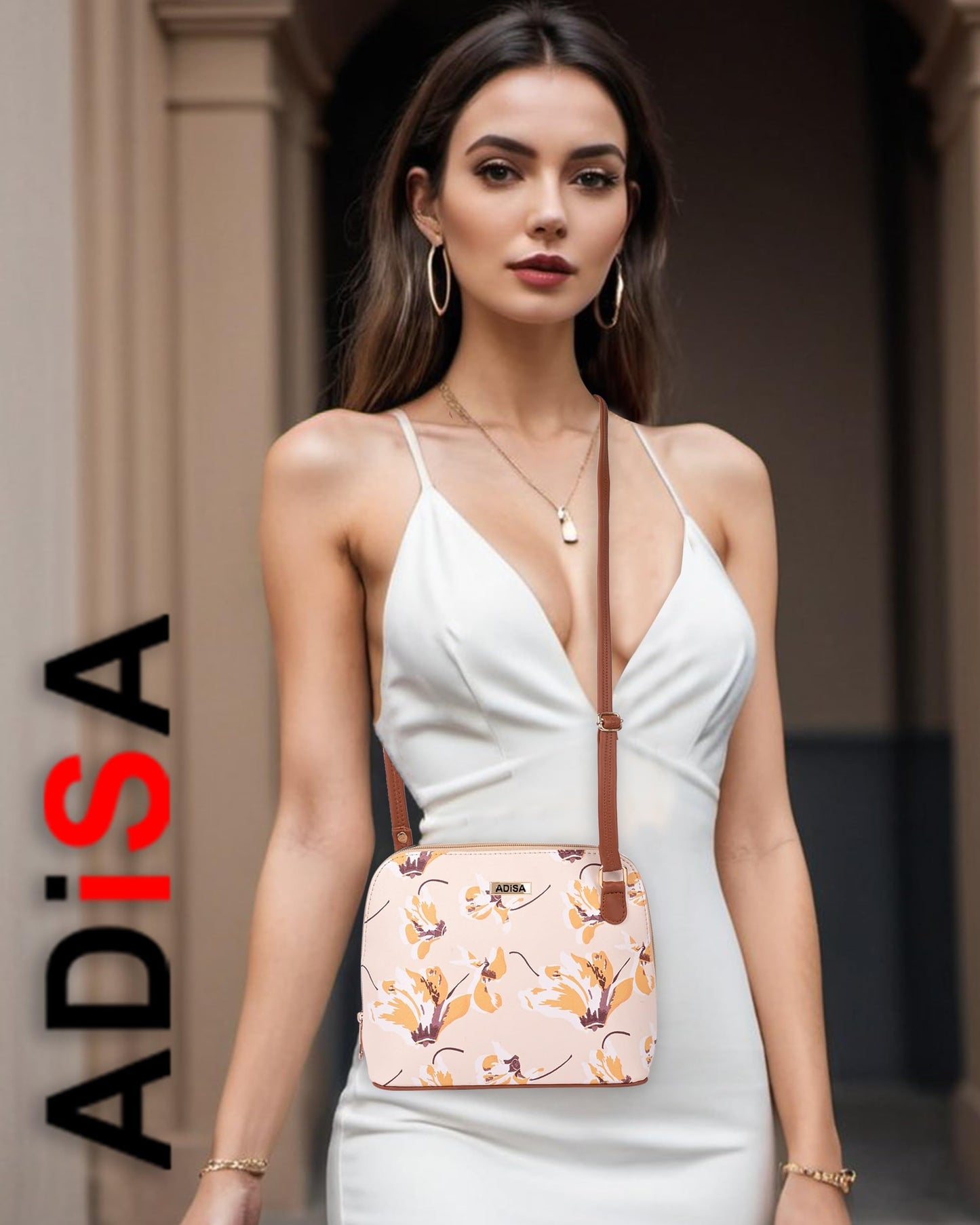 ADISA Women Girls Floral Print Faux Leather Sling Bag Crossbody (Off White)