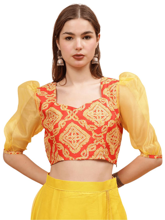 Frolic Rolic Orange & Yellow Bandhej Print Silk Blend 3/4th Organza Sleeves Sweetheart Neck Blouse ((FRBLS-016_Orange, Yellow_M)