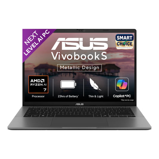 ASUS Vivobook S14,Smartchoice,AMD Ryzen AI 7 350,16GB RAM,1TB SSD,OLED,14",Windows 11, Office24,M365 Basic (1Yr)*, Matte Gray,1.4Kg, M3407KA-SF049WS,50 Tops,Metallic Design,Next-Gen AI Laptop,Copilot+