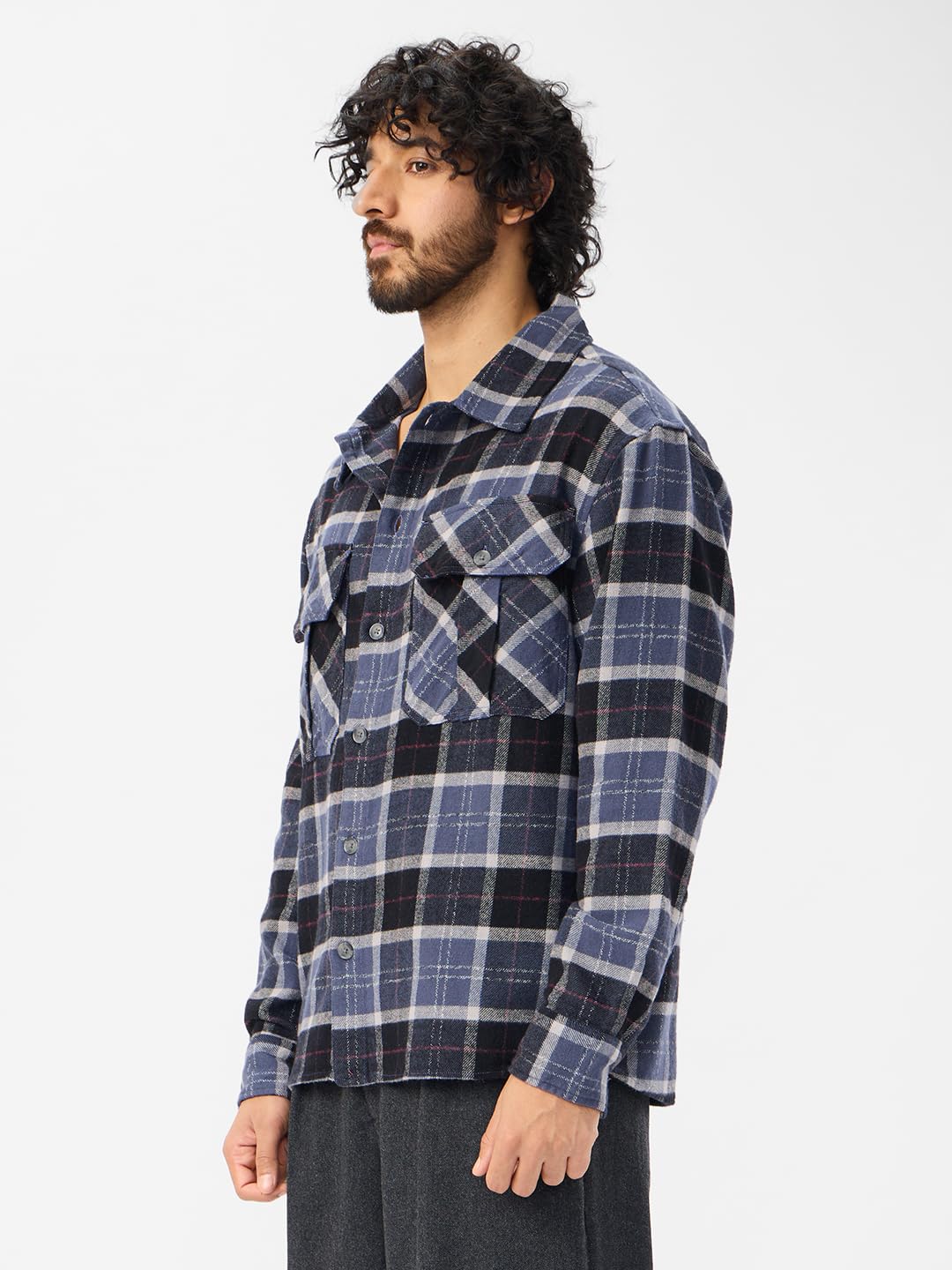 The Souled Store Plaid: Eclipse Men and Boys Long Sleeves Collared Neck Button Front Cotton Oversized Shackets
