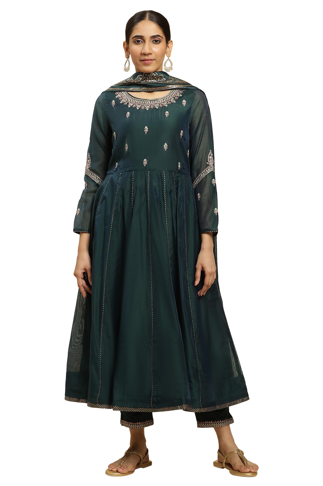 W for Woman Women's Viscose Solid Kurta, Slim Pant & Dupatta (23AUWS10284-221084_Green_S)