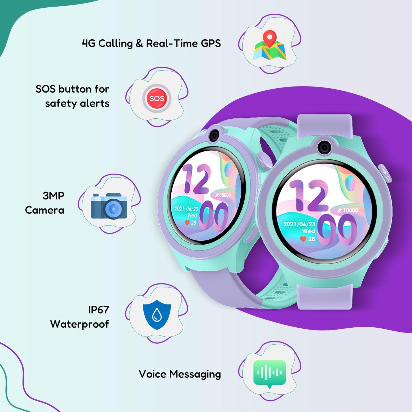 SPIKY Smart Watch for Kids Girls and Boys, GPS Tracking Smartwatch with 4G Sim Support, SOS, Long Battery, WiFi, IP68 | Voice & Video Call Watch (Purple)