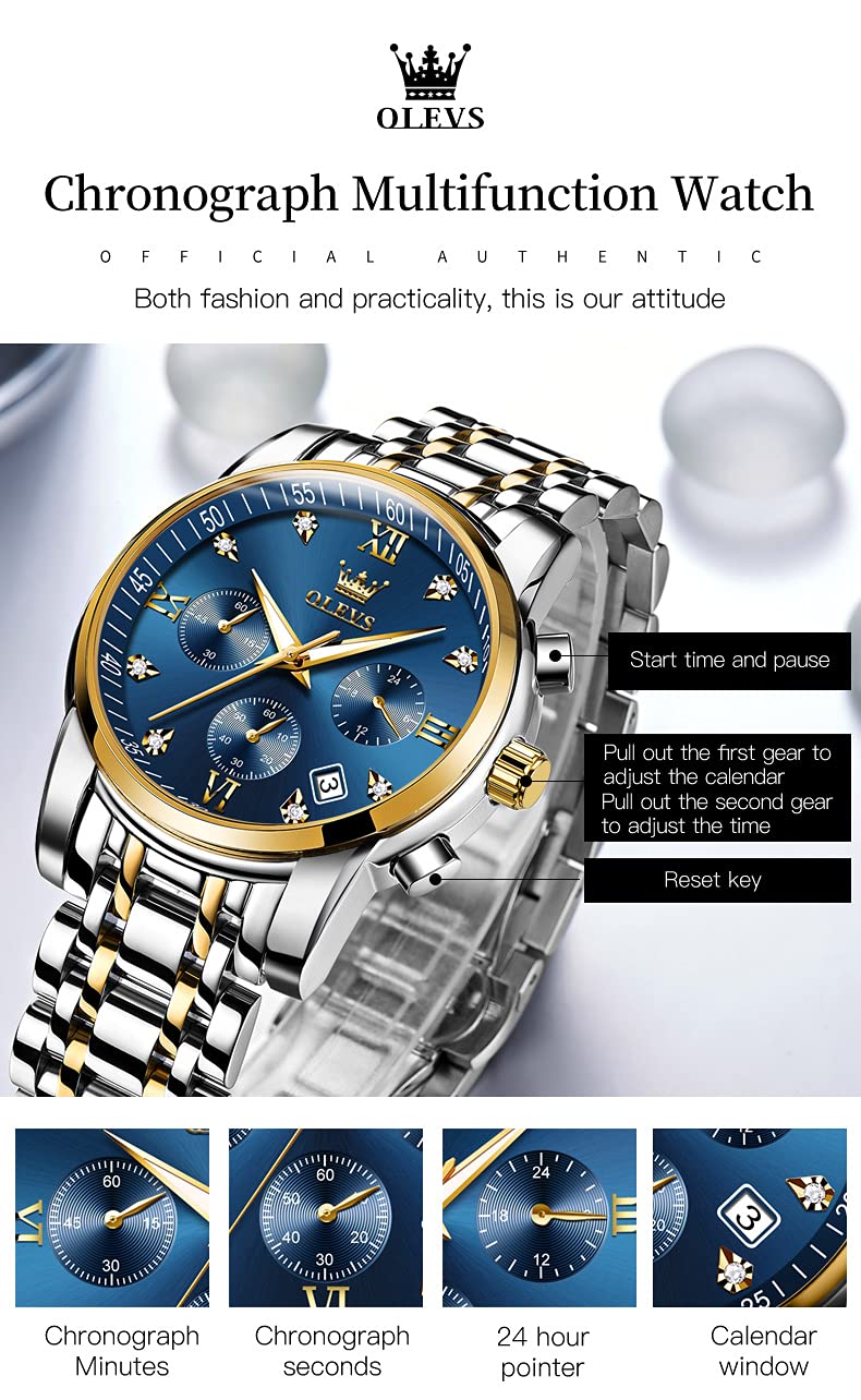 OLEVS Men's Business Watch With Date, Luminous Quartz Movement, Waterproof Stainless Steel Strap, Stopwatch Timing Function - Silver Band, Gold Case, Blue Dial, Classic
