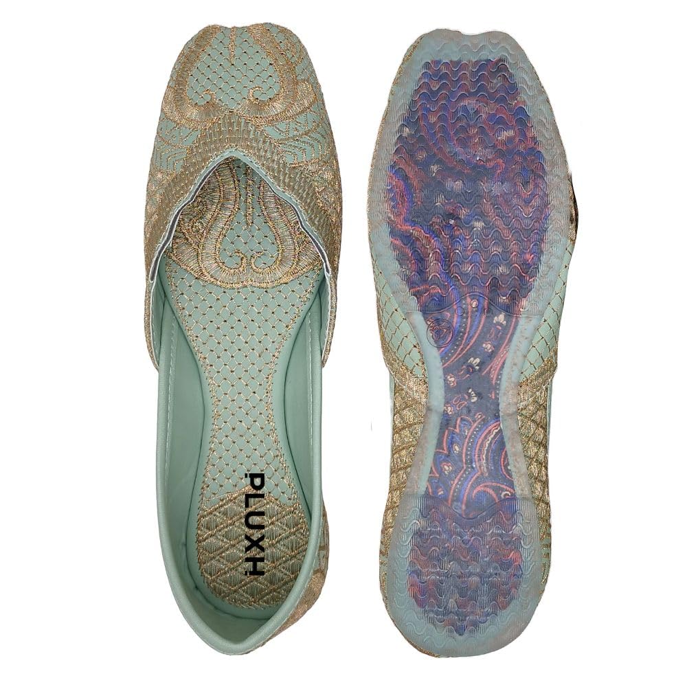 Pluxh Women's Mt-Green Embroidered Traditional Flats Punjabi Jutis 5 UK