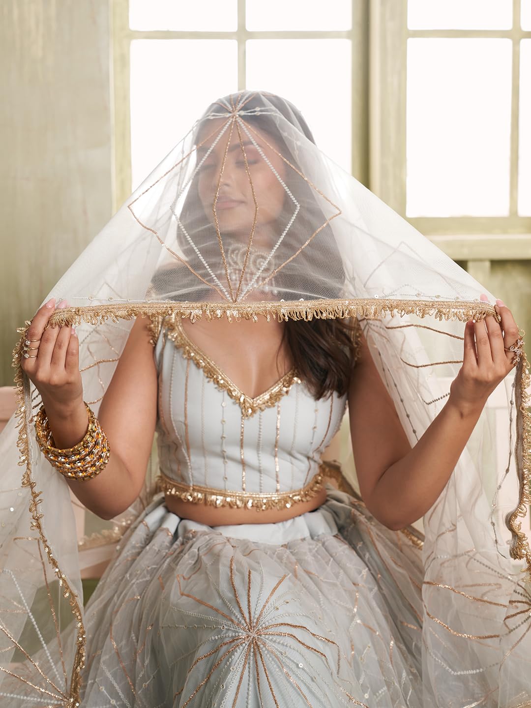 Zeel Clothing Women's Net Semi-Stitched Thread Sequins Work Embroidery Soft Lehenga Choli with Dupatta (NFH-2207-Light-Grey--Lehenga-Choli-Latest; Free Size)