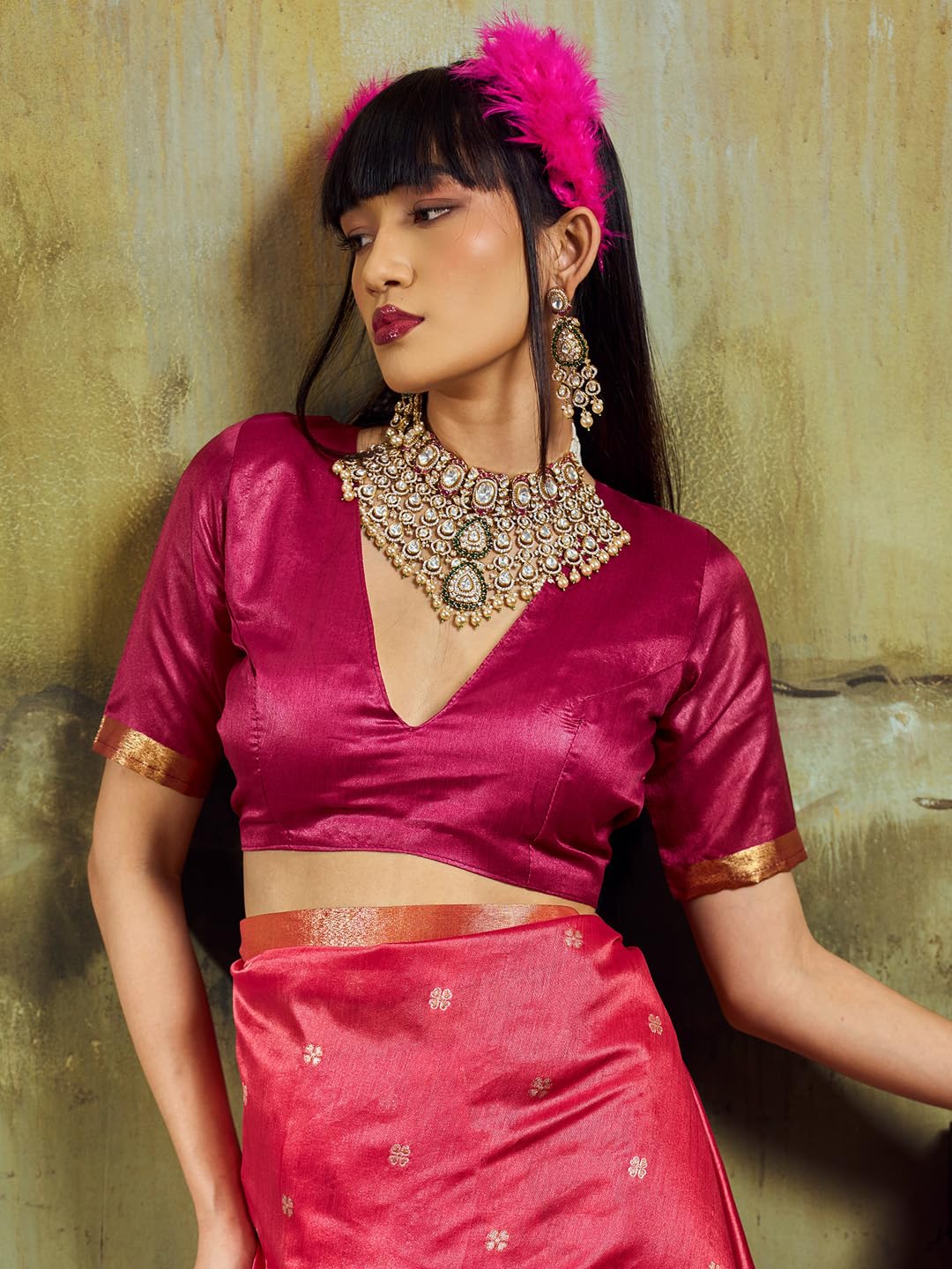 AKHILAM Women's Pink Silk Blend Zari butta Woven Design Tassels and Latkans Saree With Unstitched Blouse Piece | saree for woman | Designer Saree for Women