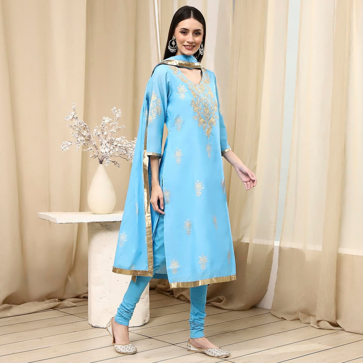Biba Women's Poly Chanderi Kurta Set (SKDASRT7716ESS25BLU_Blue