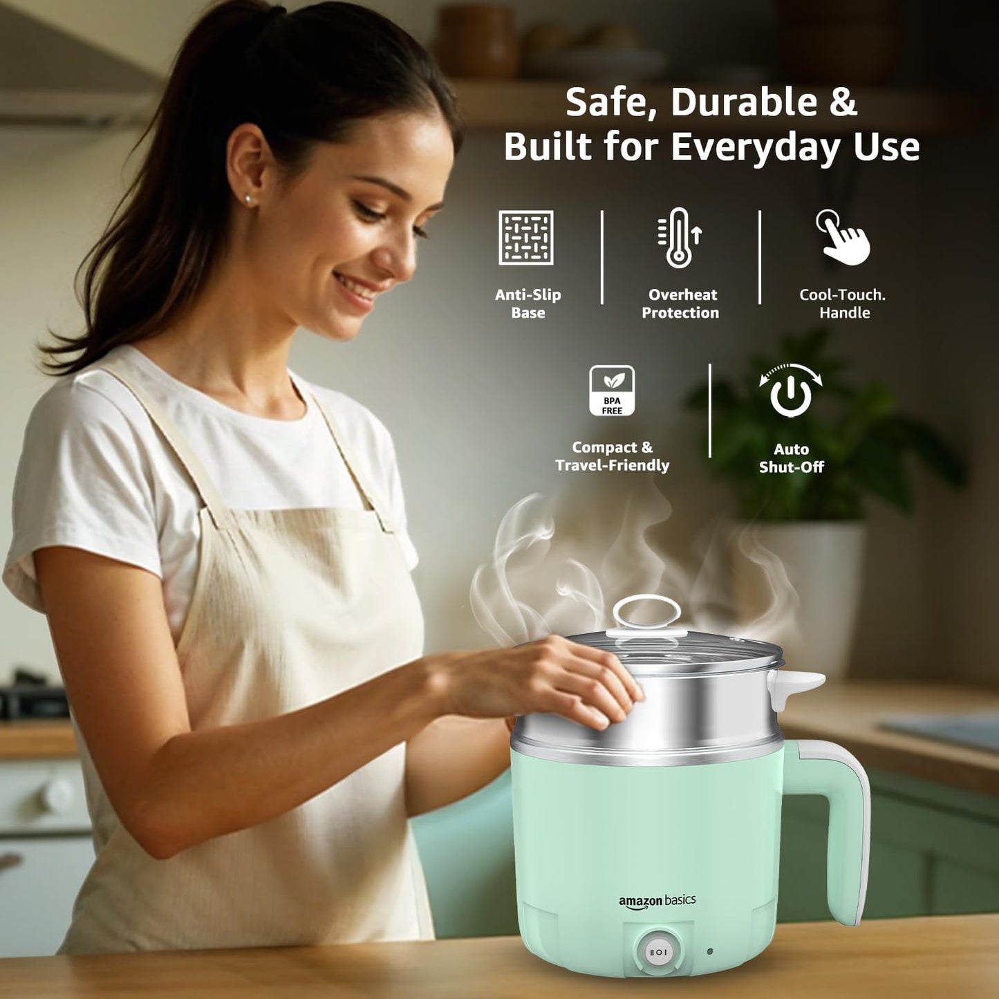 Amazon Basics Multi-Cook Pot Kettle 1.2L | Adjustable Power Modes 325 W and 650 W with 7 - Egg Tray and Steamer | SS 304 Steel | Automatic Overheat Protection | Multipurpose Cooking - Boil Water, tea, Noodles, Steam Rice