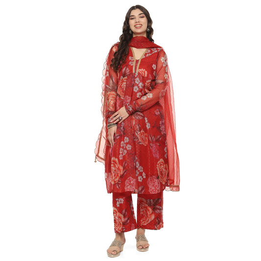 BIBA Polyester Women Printed Anarkali Salwar Kurta Dupatta(Skdpassion 9077_Red_42)
