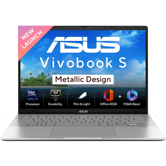 ASUS Vivobook S14, Intel Core Ultra 5 225H, Metallic Design Laptop (Intel iGPU/16GB RAM/512GB SSD/FHD+/14"/60Hz/Windows 11/M365 Basic (1Year)*/Office Home 2024/Cool Silver/1.4 Kg) S3407CA-LY060WS