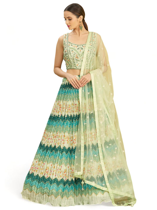 Zeel Clothing Women's Chinon Silk Embroidered Mirror Work Lehenga Choli with Dupatta (116-Green-Wedding-Bridal-Latest-New; Free Size; Green)
