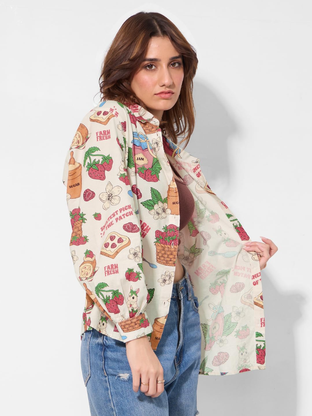 The Souled Store Cotton Linen: Strawberry Women and Girls Long Sleeves Collared Neck Button Front Off White All Over Printed Relaxed Fit Cotton Linen Shirts