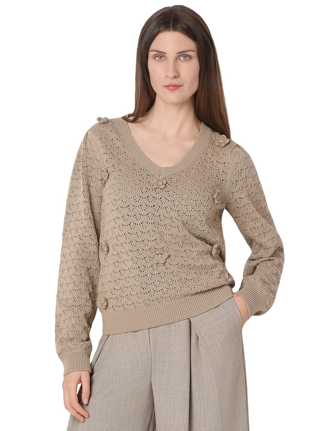 VERO MODA Women's Regular Fit Beige Sweater