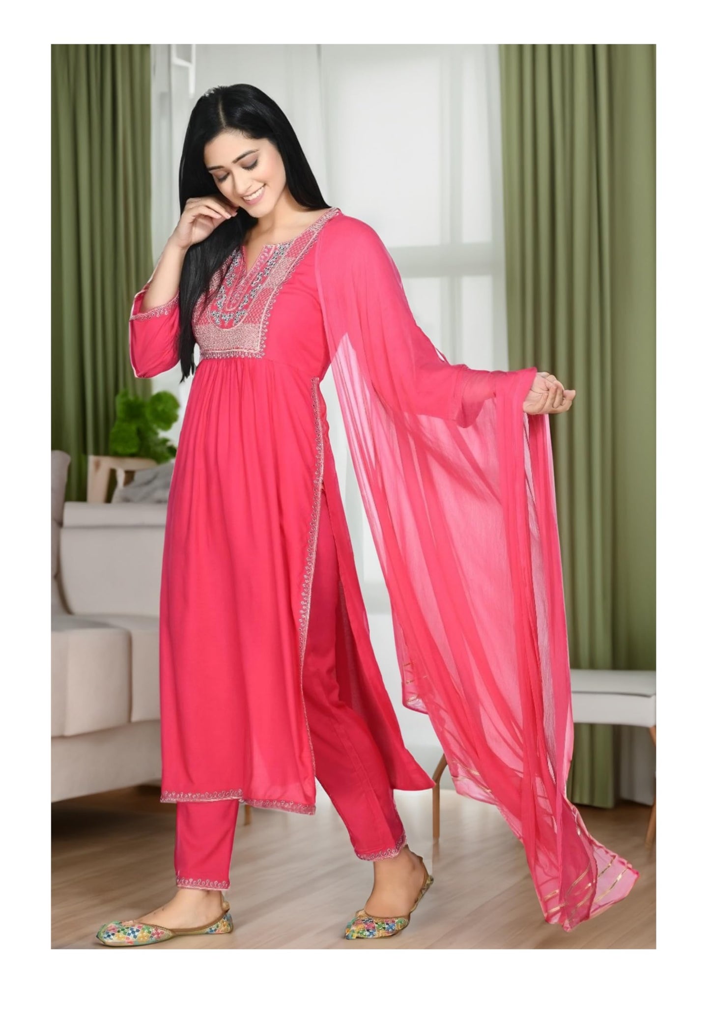 LIBOZA Rayon Ethnic Salwar Suit Set with Dupatta for Women Pink Nyra Cut - Elegant Ladies Heavy Work Kurta Sets with Special Stitched Pants (IN, Alpha, Small, PINK)