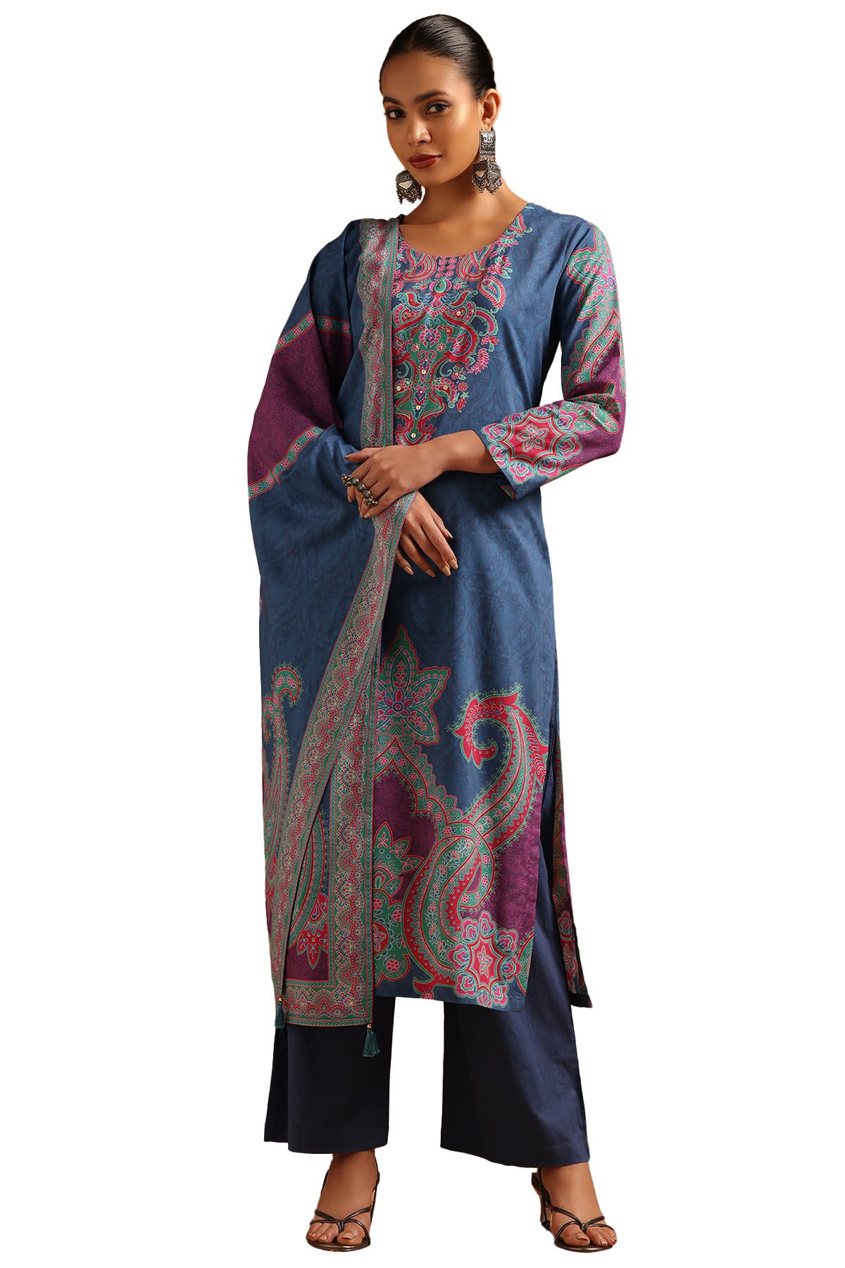 Soch Womens Blue Cotton Botanical Salwar Suit With Sequins