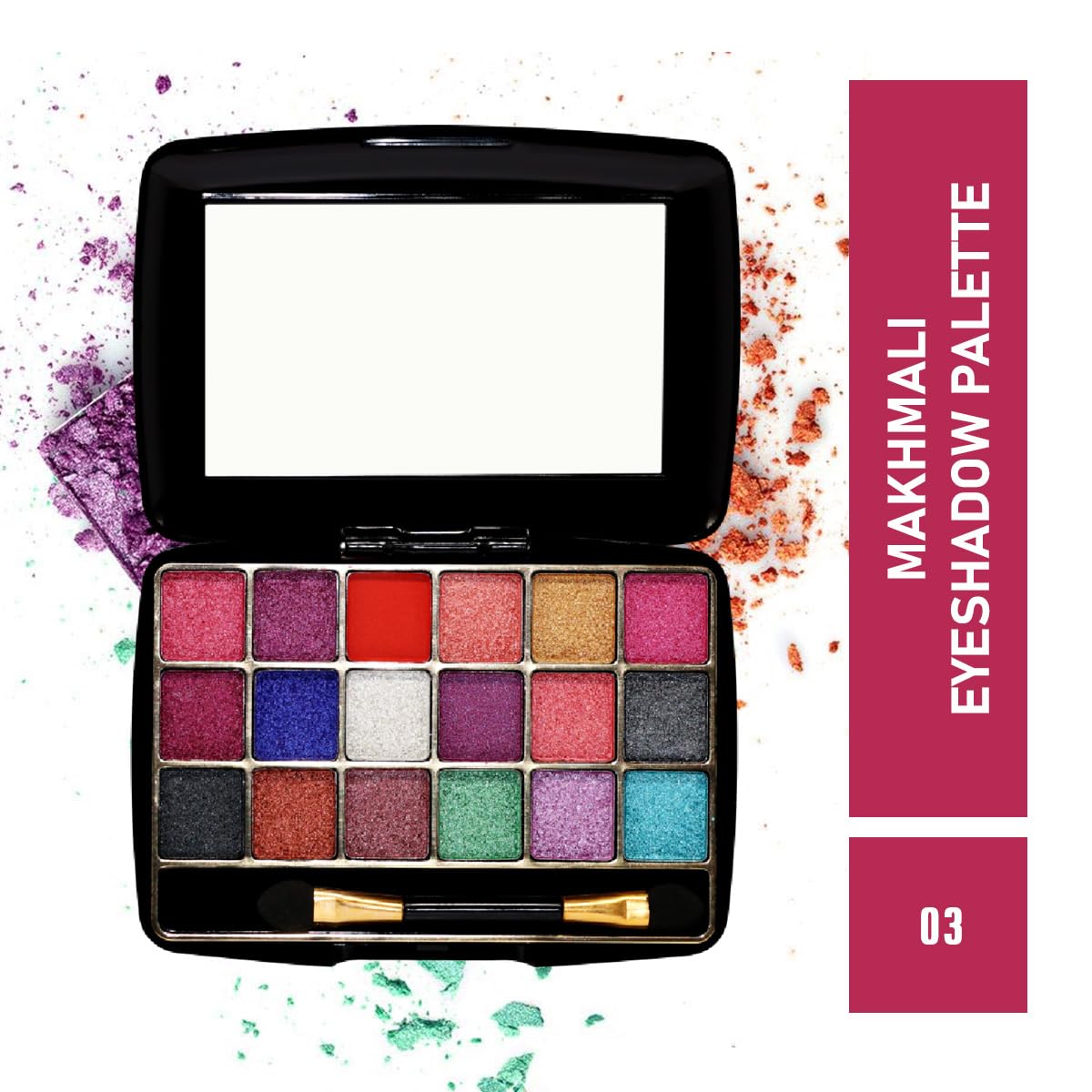 Half N' Half 18 Shimmery Colors with Makhmali Eyeshadow, Brush & Mirror in a Pocket size Eye Shadow Palette | 12.8 g | 03